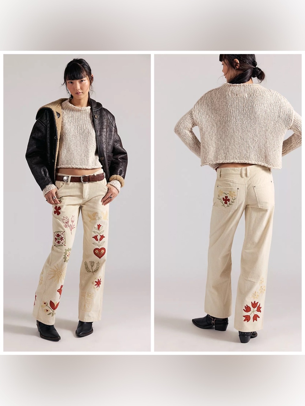 Free People Tennessee Low Rise Boyfriend Corduroy Embroidered Size 24 Ivory